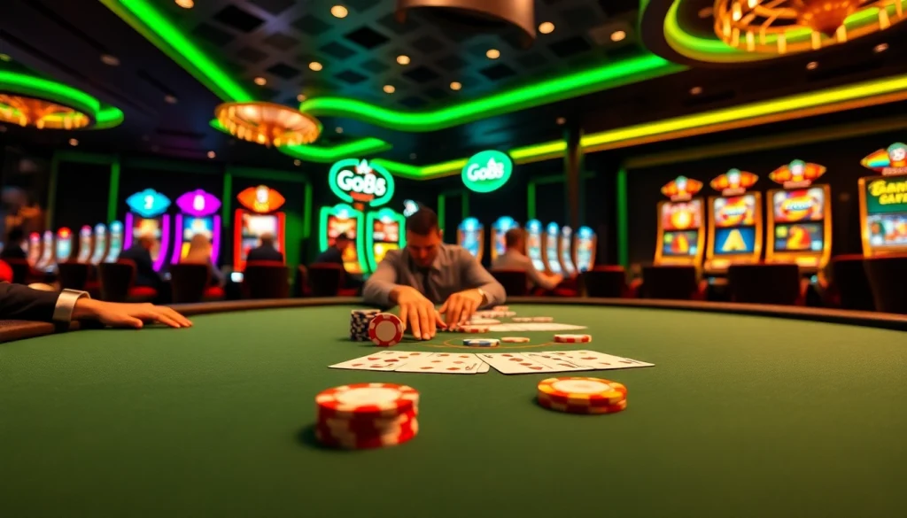 Go8 patrons engage in a high-stakes poker game surrounded by vibrant casino visuals.