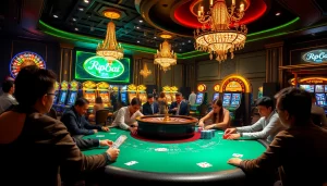 Exciting poker gameplay at rr88 com casino with colorful chips and vibrant atmosphere.