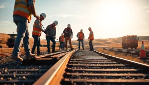 Great plains rail contractors efficiently installing railway tracks amidst a scenic landscape.