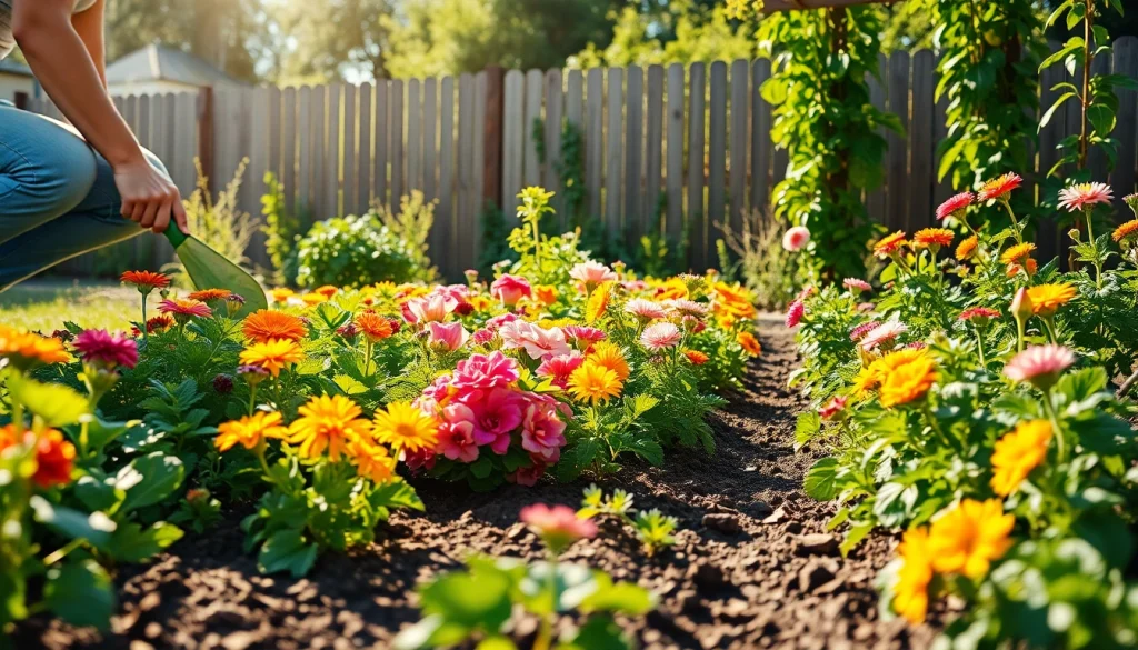 Gardening with diverse plants showcases a gardener tending to a thriving green space.