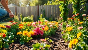 Gardening with diverse plants showcases a gardener tending to a thriving green space.