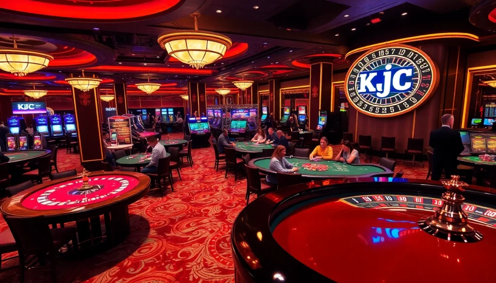 KJC casino scene showcasing poker chips, cards, and a roulette wheel in an exciting atmosphere.
