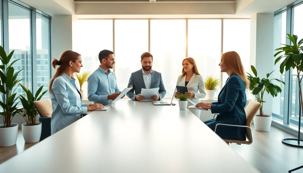 Discover vibrant real estate office bustling with agents and clients engaged in discussions.