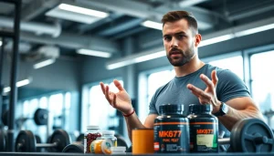 Highlighting the benefits of mk677 with a fitness coach in an energetic gym environment.