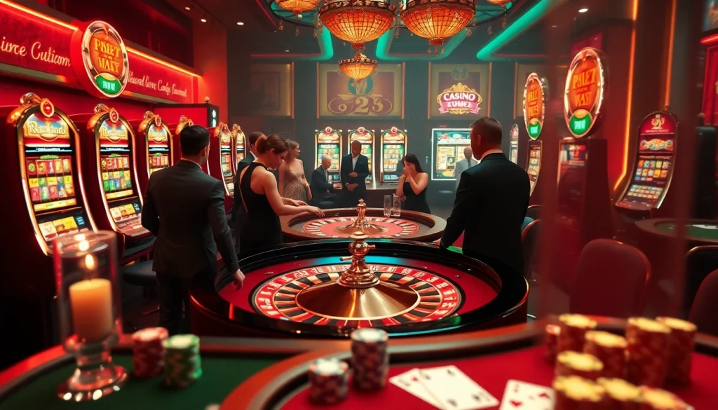 Experience thrilling gaming at PH22 with vibrant slot machines and a luxurious roulette table.