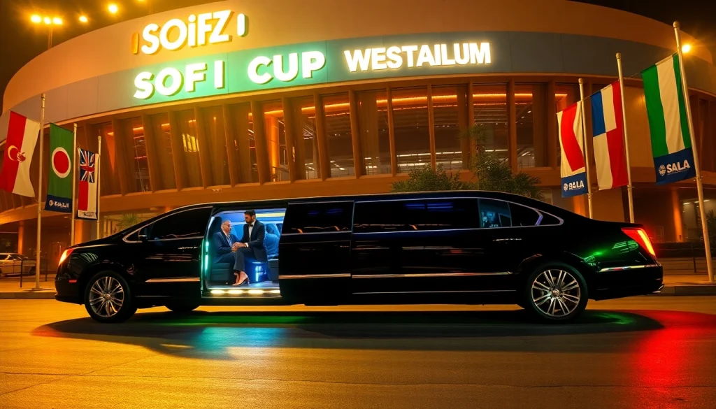 World Cup Group Transportation with a luxury limousine at SoFi Stadium showcasing premium service and excitement.