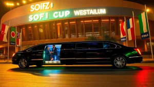 World Cup Group Transportation with a luxury limousine at SoFi Stadium showcasing premium service and excitement.
