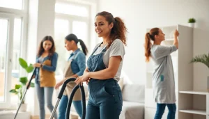 Efficient cleaning service team actively cleaning a cozy, bright home environment.