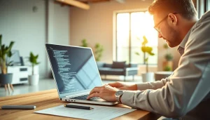 Showcasing app development in a modern office environment with a developer coding.