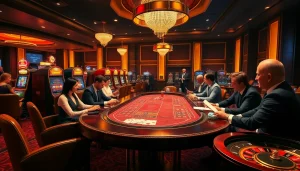 MMOO Casino scene featuring players enjoying poker and vibrant slot machines with luxury ambiance.