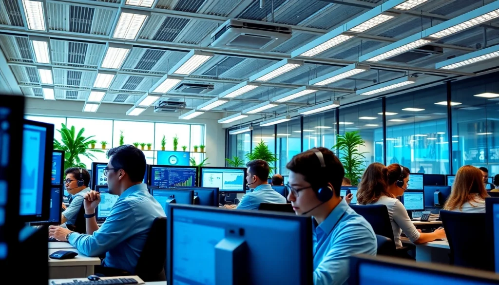 Team collaborating using call center software in a modern office environment