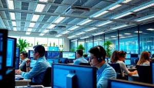 Team collaborating using call center software in a modern office environment