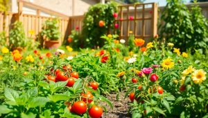 Gardening with colorful vegetables and blooming flowers in a sunny backyard.