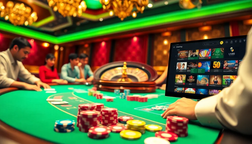 Experience the excitement of UU88 with poker chips and cards at a vibrant casino.
