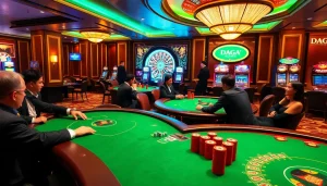 DAGA casino scene showing players excitedly engaging in poker, with vibrant chips and a lavish atmosphere.