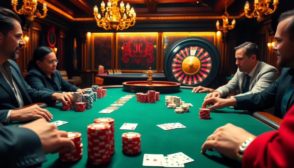 Exciting casino scene showcasing Hi88 poker chips and cards on a luxurious table.