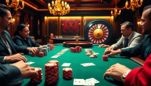 Exciting casino scene showcasing Hi88 poker chips and cards on a luxurious table.