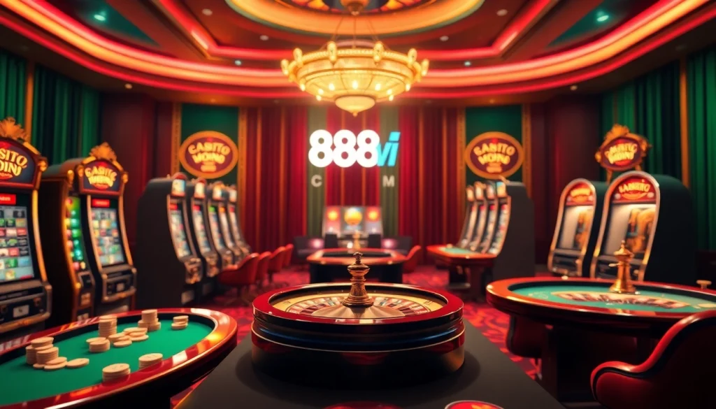 Exciting online gambling action at 888VI COM with casino tables and slot machines.