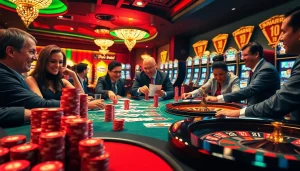 PH222 players enjoying high stakes at a vibrant casino table with cards and chips.