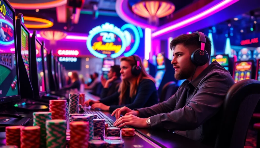 Engaging in high-stakes play at the best online casinos in Canada with vibrant chips and gaming interfaces.