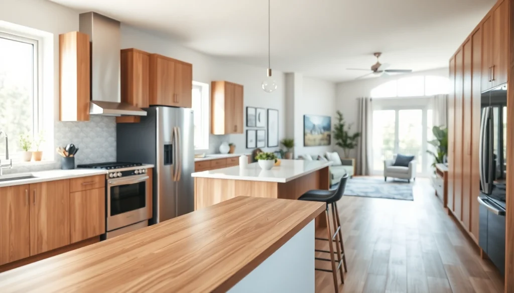 Visualize a stunning home renovation showcasing a modern kitchen remodel combining elegance and functionality.