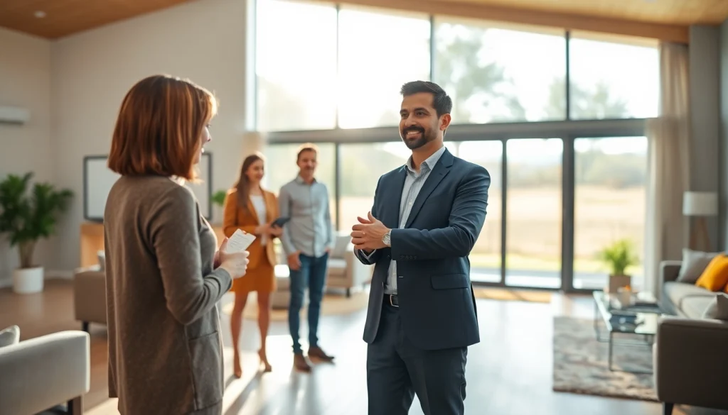 Engaging real estate agent presenting a modern home during an open house.