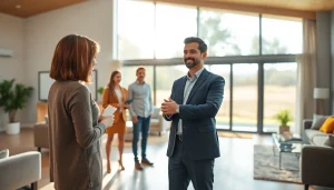 Engaging real estate agent presenting a modern home during an open house.