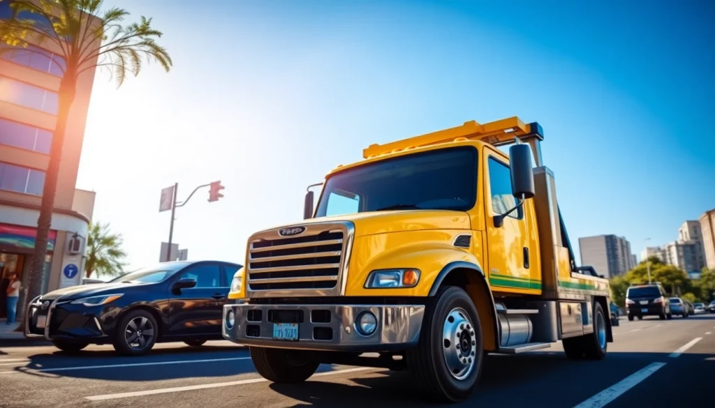 Service by https://trtrecoveryuae.com highlighting a professional car towing scene in Dubai.