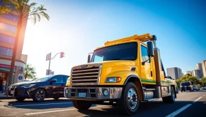 Service by https://trtrecoveryuae.com highlighting a professional car towing scene in Dubai.