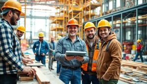 Engaged professionals in careers in construction collaborating on a lively job site with various trades.
