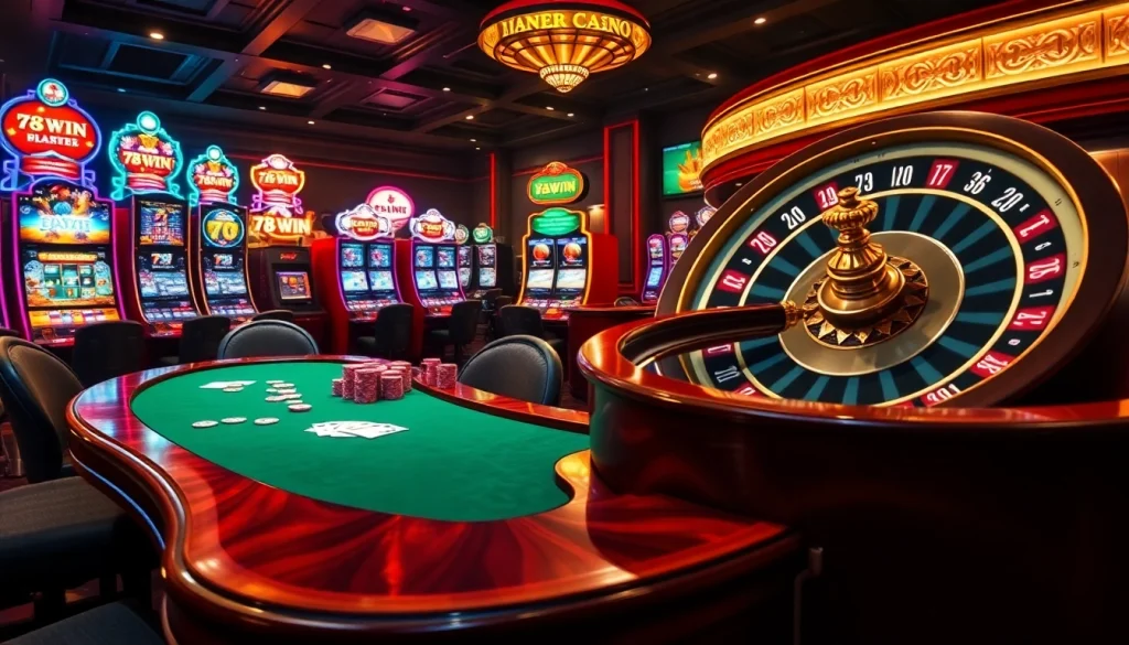 78WIN immersive casino scene with lively slot machines and poker games.