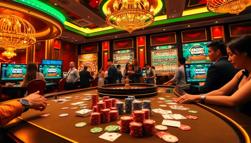 Engaged gamblers enjoying a vibrant casino scene at 789win com with poker and roulette.