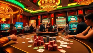 Engaged gamblers enjoying a vibrant casino scene at 789win com with poker and roulette.