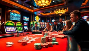 Players enjoying table games with the 166bet App in a vibrant casino setting.