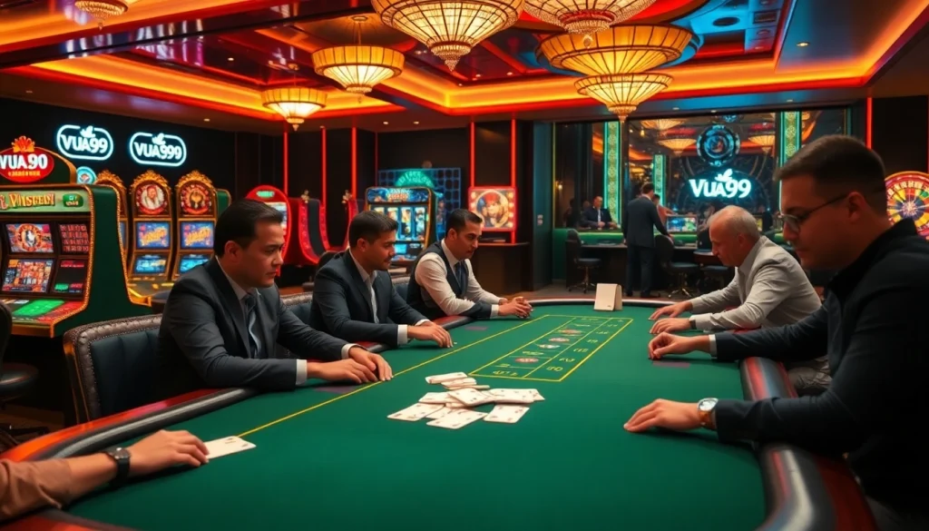 A high-stakes poker game at Vua99's luxurious casino, showcasing intense player focus.