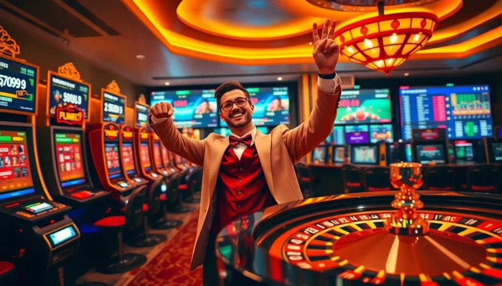 Experience the thrill of online gambling with Vuabai9's luxurious casino scene featuring vibrant slot machines and poker chips.