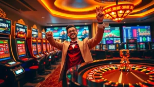 Experience the thrill of online gambling with Vuabai9's luxurious casino scene featuring vibrant slot machines and poker chips.