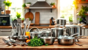 Showcase of kitchenware gift ideas NZ, featuring premium utensils and cookware on a rustic table.