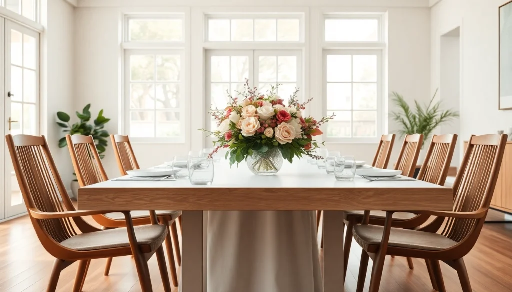 Stylish dining tables adorned with flowers and minimal decor in a cozy setting.