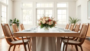 Stylish dining tables adorned with flowers and minimal decor in a cozy setting.
