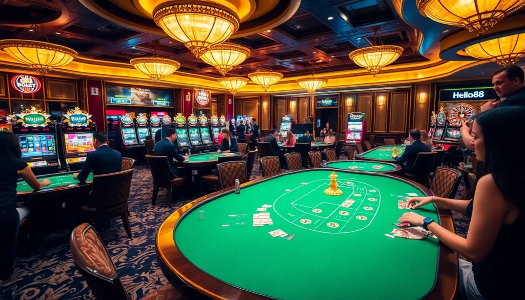 Experience thrilling gambling action with Hello88 at a luxurious casino, featuring poker, blackjack, and slots.