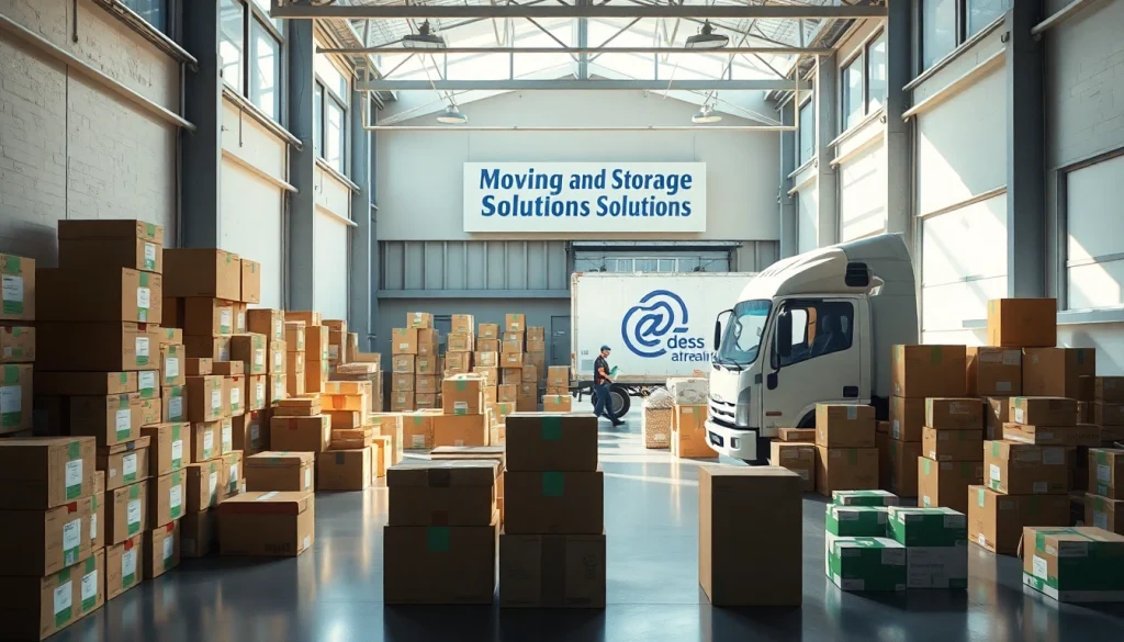 Moving and Storage facility with organized boxes, friendly team, and a branded truck