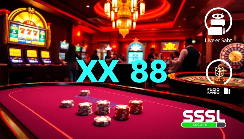 Experience the excitement of gambling at XX88 with vibrant poker tables and slot machines.