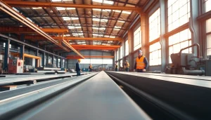Visualizing structural steel fabrication in a bustling workshop with skilled workers and machinery.