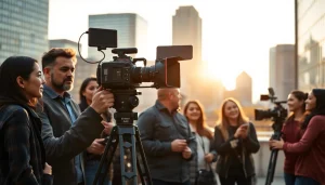 Video Production Company Calgary team filming with modern equipment in a vibrant urban setting.