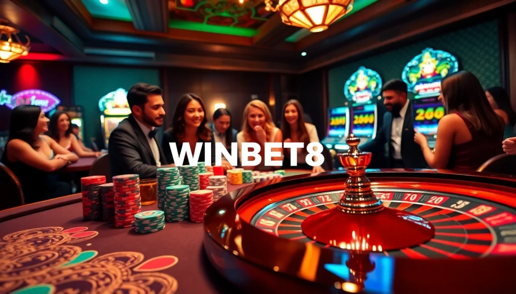 Exciting gameplay at WINBET58 casino featuring vibrant chips, roulette, and happy players.