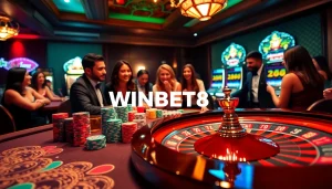 Exciting gameplay at WINBET58 casino featuring vibrant chips, roulette, and happy players.