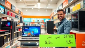 Exciting retail scene promoting ドスパラ クーポン with tech gadgets and enthusiastic shoppers