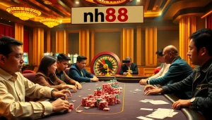 Experience thrilling gameplay as enthusiastic gamblers enjoy high-stakes poker at nh88 casino tables.