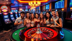 Excited players betting at Vuabai9's roulette table in a vibrant casino environment.